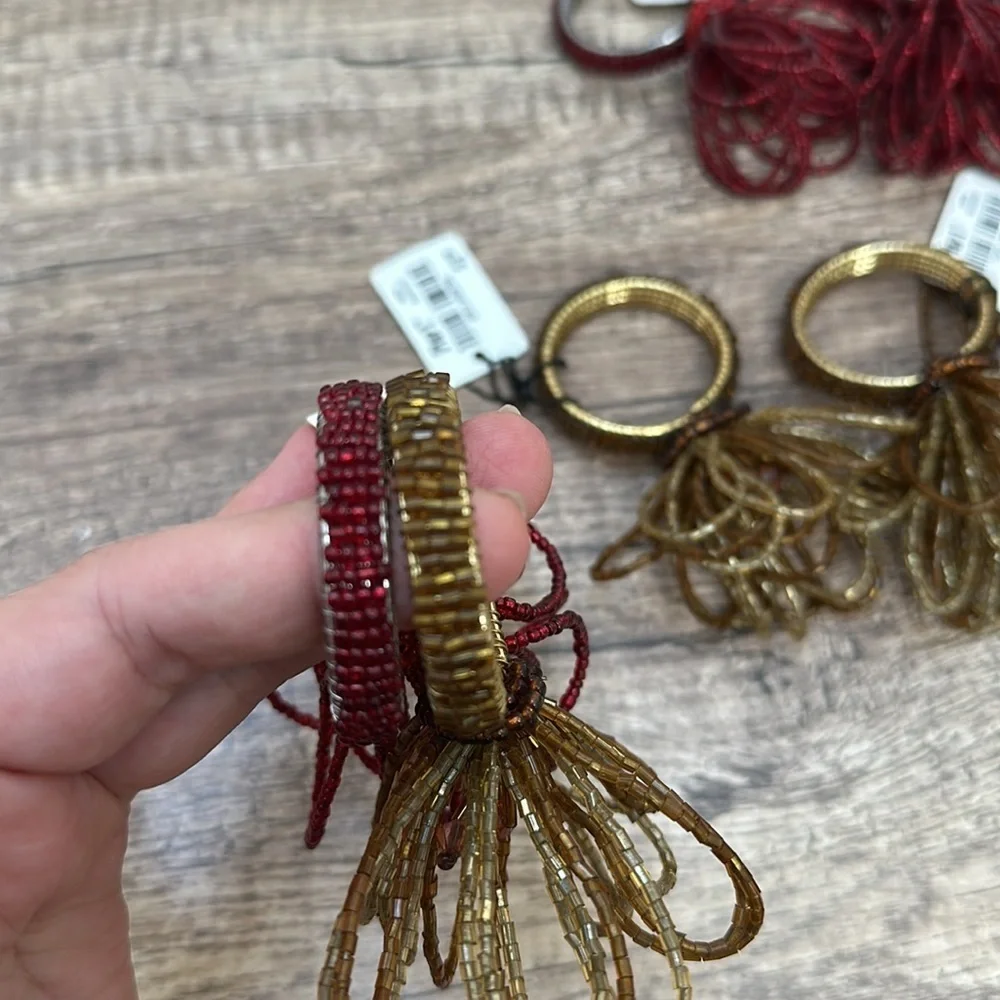 NWT 8 Pier 1 Napkin Rings Floral Beaded Jeweled Christmas Red Gold